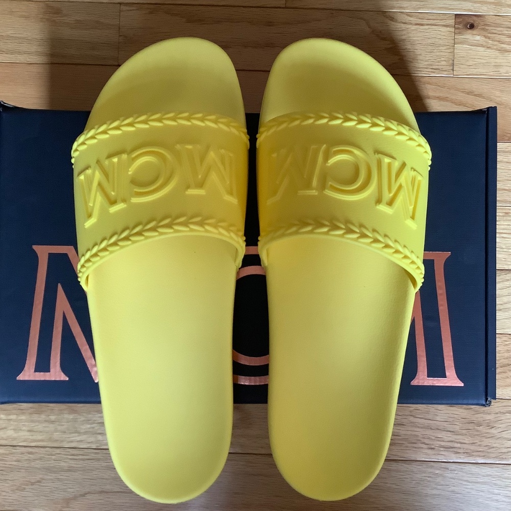 MCM Logo Slide Sandals Yellow SZ12 - Picture 6 of 16